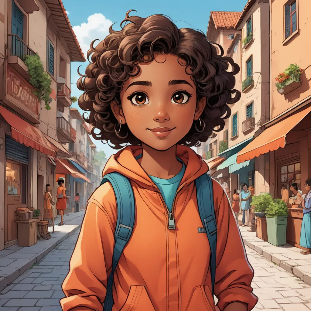 a cartoon girl with curly hair and a backpack on a city street with people walking by and shops on the side, photorealism, a character portrait, Cedric Seaut (Keos Masons), comic cover art