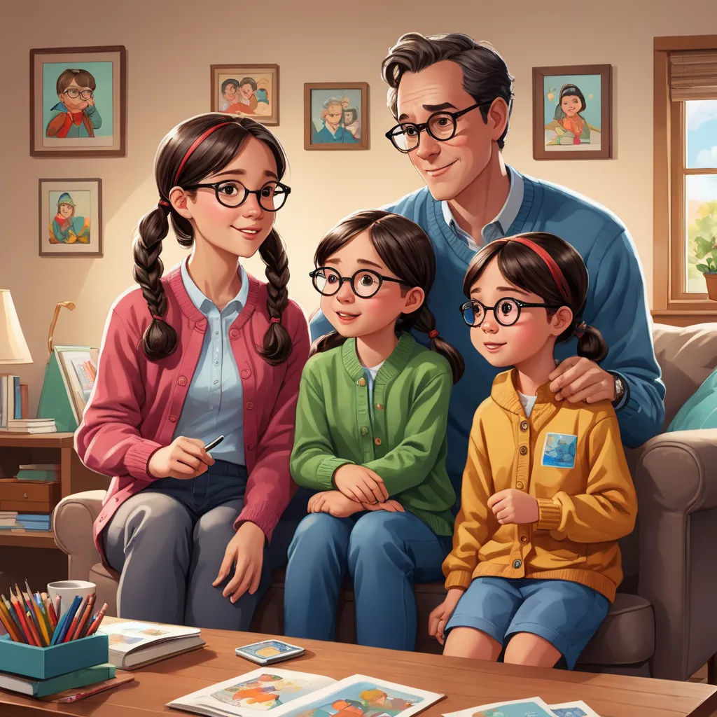 a family sitting on a couch in a living room with a picture of a man and two children on the couch, american scene painting, a storybook illustration, David Park, storybook illustration