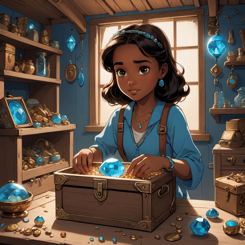a young girl is looking at a box with a blue crystal inside of it and a window in the background, fantasy art, concept art, Cliff Childs, rossdraws global illumination