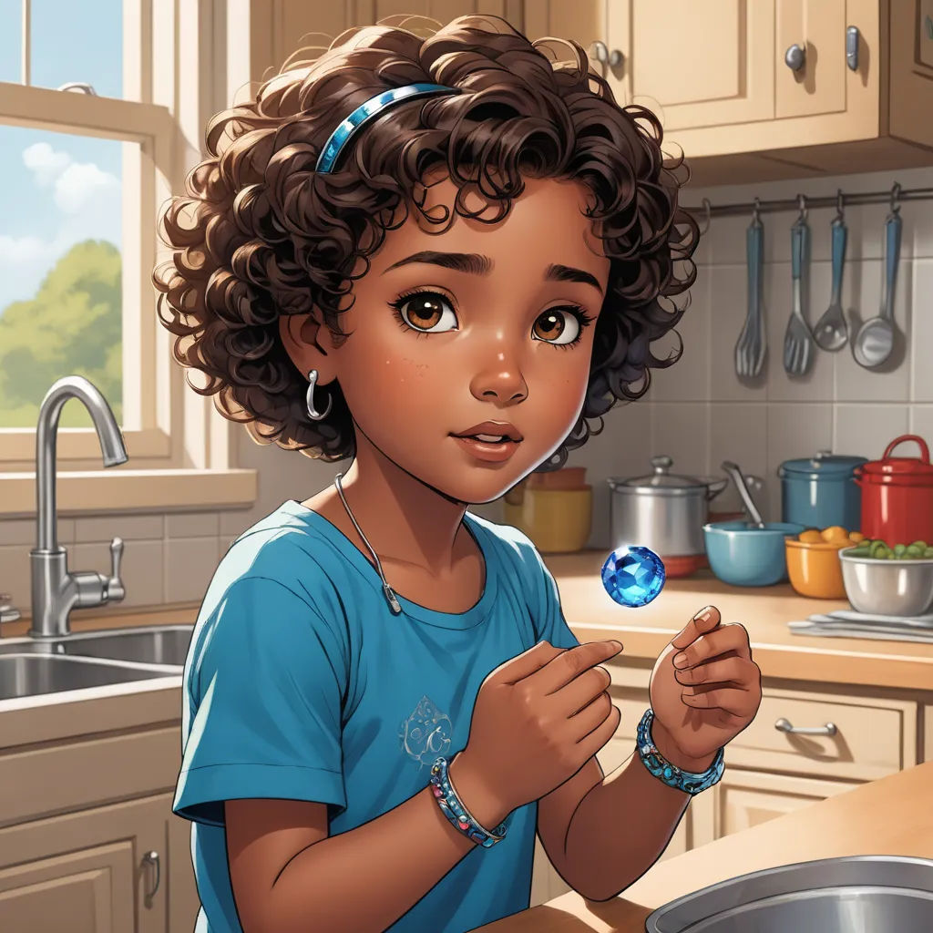 a young girl holding a blue object in a kitchen next to a sink and a window with a sky background, photorealism, a character portrait, Chris LaBrooy, cgstudio