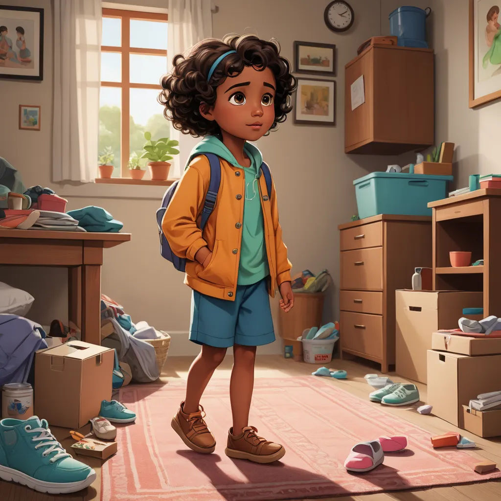 a cartoon of a young girl standing in a messy room with shoes scattered around her and a suitcase on the floor, photorealism, concept art, Chris LaBrooy, promotional image