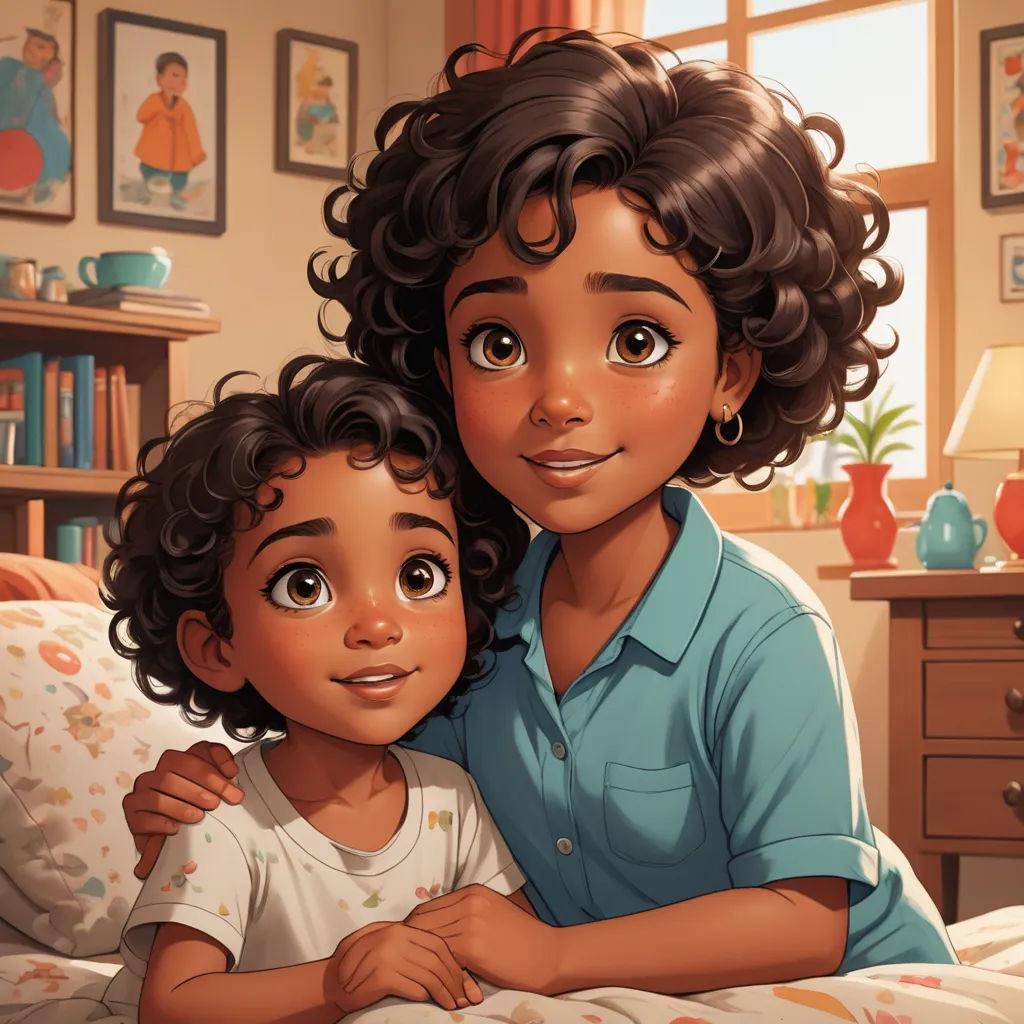 a woman and a child are sitting on a bed together in a bedroom with a bookcase and a window, photorealism, a storybook illustration, Artgerm, pixar style