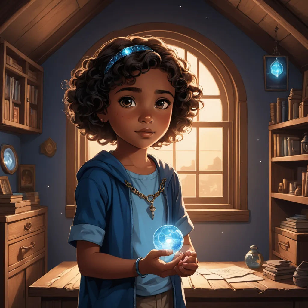 a young girl holding a glowing ball in her hands in a room with a window and a desk with a bookcase, fantasy art, a character portrait, Chris LaBrooy, rossdraws global illumination