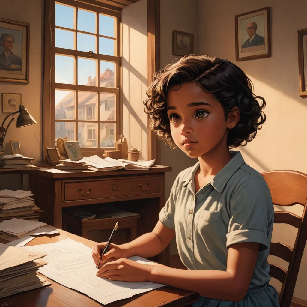 a painting of a young girl sitting at a desk with a pen and paper in her hand and a window in the background, american scene painting, an ultrafine detailed painting, Constance Gordon-Cumming, cushart krenz