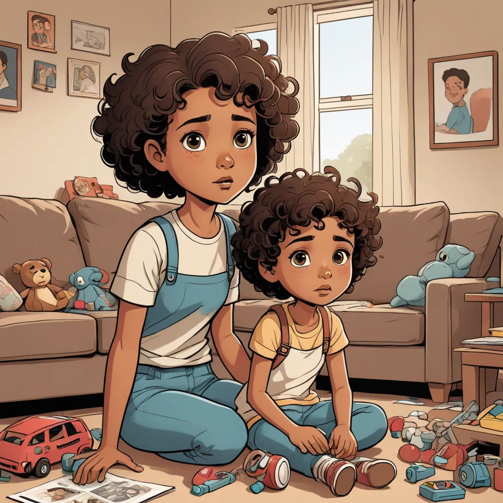 a woman and a child are sitting on the floor in a living room with toys all around them and a couch, serial art, a comic book panel, Everett Warner, comic cover art