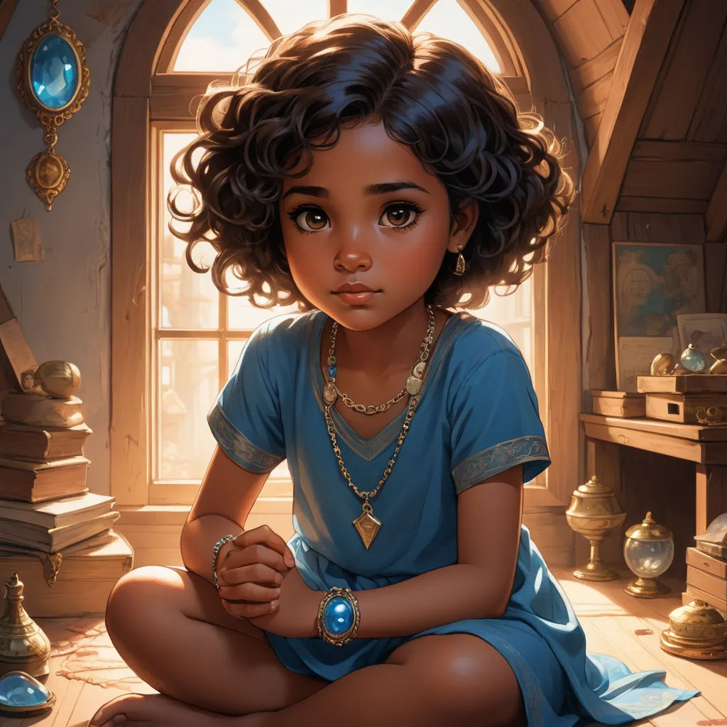 a little girl sitting on the floor in front of a window with a necklace on her neck and a necklace on her hand, fantasy art, a detailed painting, Charlie Bowater, rossdraws global illumination