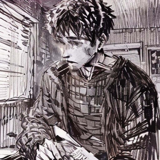 a drawing of a man sitting down reading a book and smoking a cigarette in a train car, with a window in the background