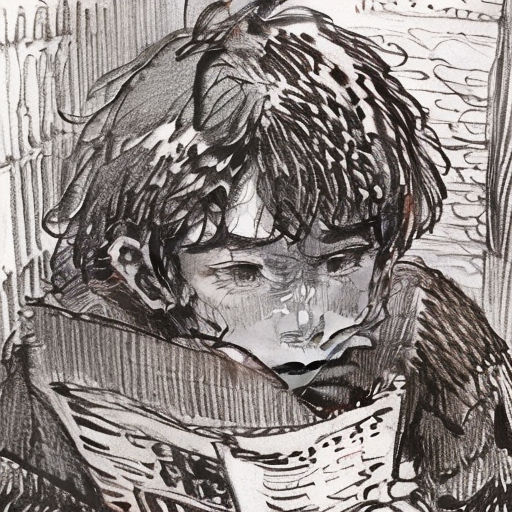 a drawing of a child reading a book with a bird on his head and a bird on his shoulder