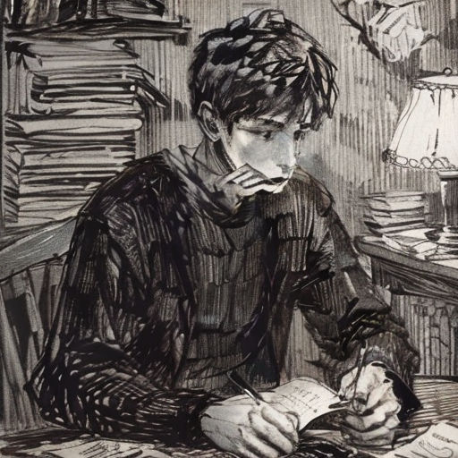 a drawing of a boy sitting at a desk with a pen and paper in his hand and a book in his other hand