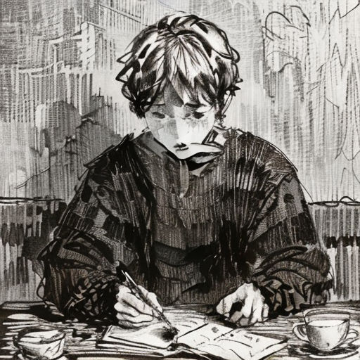 a drawing of a boy sitting at a table writing on a book and drinking a cup of coffee and reading a book
