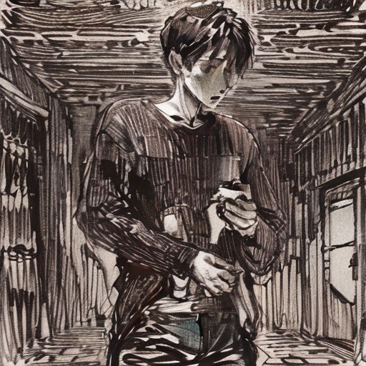 a drawing of a man holding a cell phone in a room with a mirror on the wall and a door