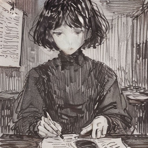 a drawing of a girl sitting at a table with a book and pen in her hand and a pen in her other hand