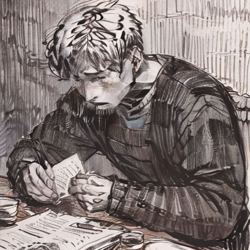 a drawing of a man sitting at a table with a paper in his hand and a pen in his other hand