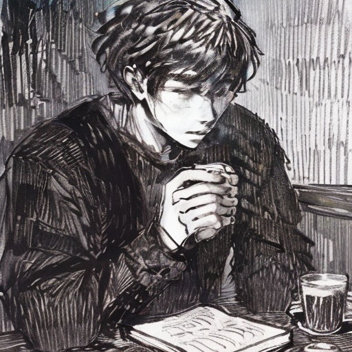 a drawing of a man sitting at a table with a book and a glass of beer in front of him
