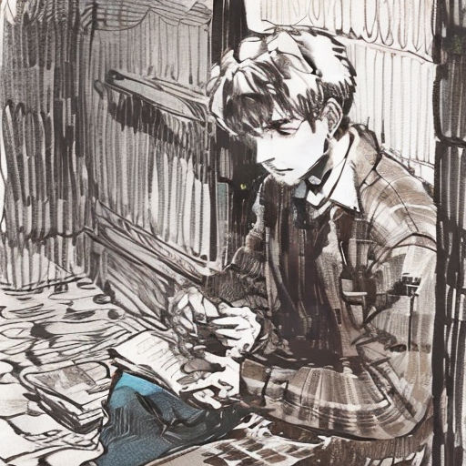 a drawing of a boy sitting at a table with a book and a pen in his hand and a book in his other hand