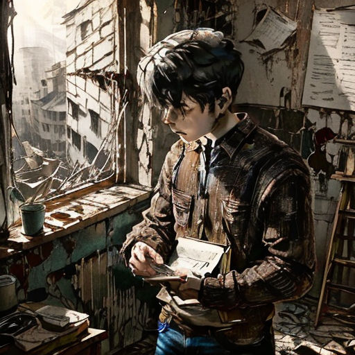 a man standing in a room with a book in his hands and a messy desk in the background with a broken window