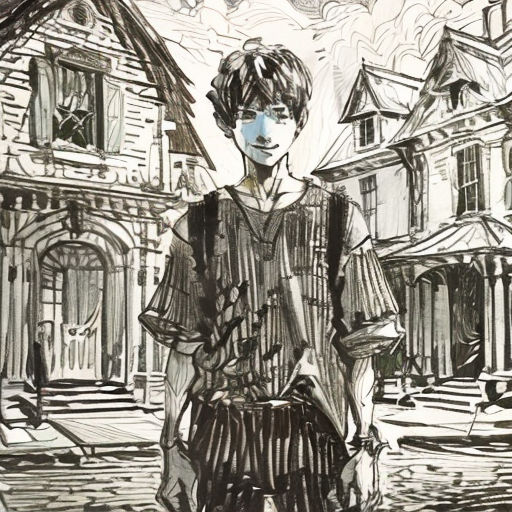 a drawing of a boy standing in front of a house with a dog in his hand and a cat in his hand