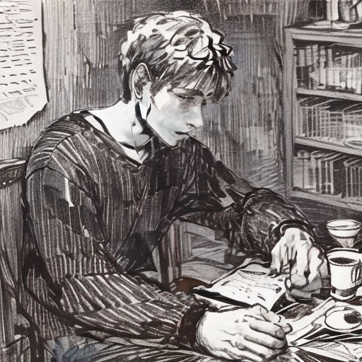 a drawing of a person sitting at a table with a book and a cup of coffee in front of them