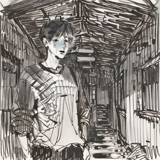 a drawing of a boy standing in a hallway with a cat on his shoulder and a dog on his shoulder