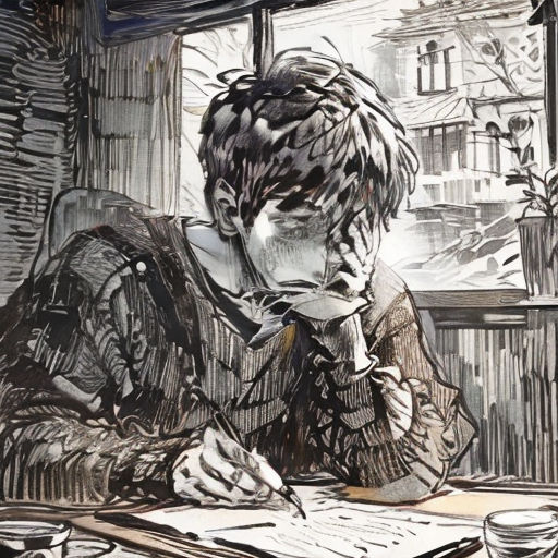 a drawing of a person sitting at a table with a pen and paper in front of them and a window