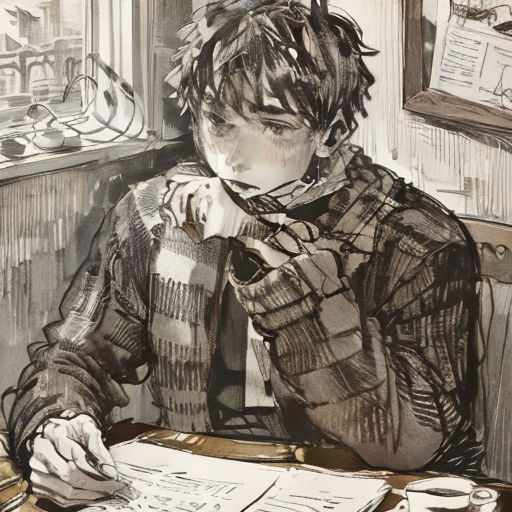 a drawing of a person sitting at a table with papers and a pen in his hand and a cup of coffee in front of him
