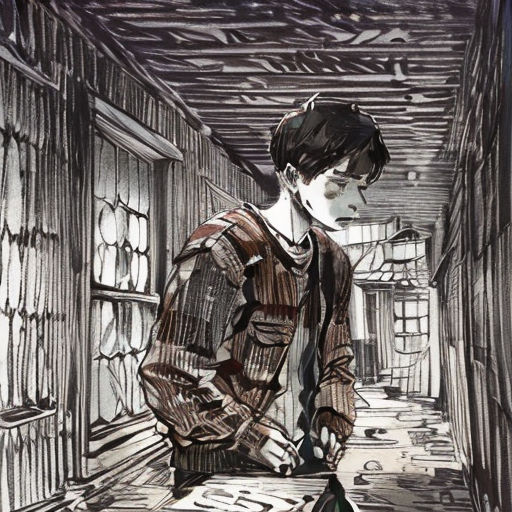 a drawing of a boy standing in a hallway with a suitcase in his hand and a book in his other hand
