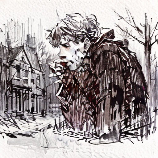 a drawing of a man in a coat and hat walking down a street in the snow with a house in the background