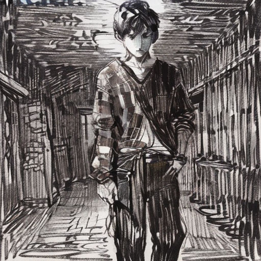 a drawing of a boy standing in a hallway with a backpack on his back and a backpack on his shoulder