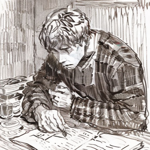 a drawing of a man sitting at a table with a pen and paper in his hand and a bottle of ink
