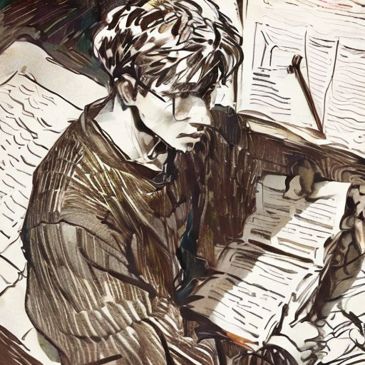 a drawing of a man sitting at a table with a book in his hands and a pen in his hand