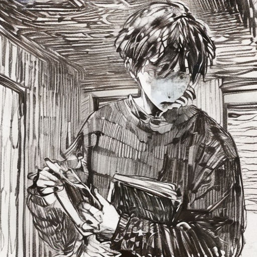 a drawing of a boy holding a book and a pen in his hand while standing in a room with a ceiling