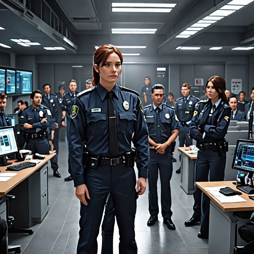 a woman in a police uniform standing in front of a group of people in a room with computers and monitors, antipodeans, a poster, Clarice Beckett, promotional image
