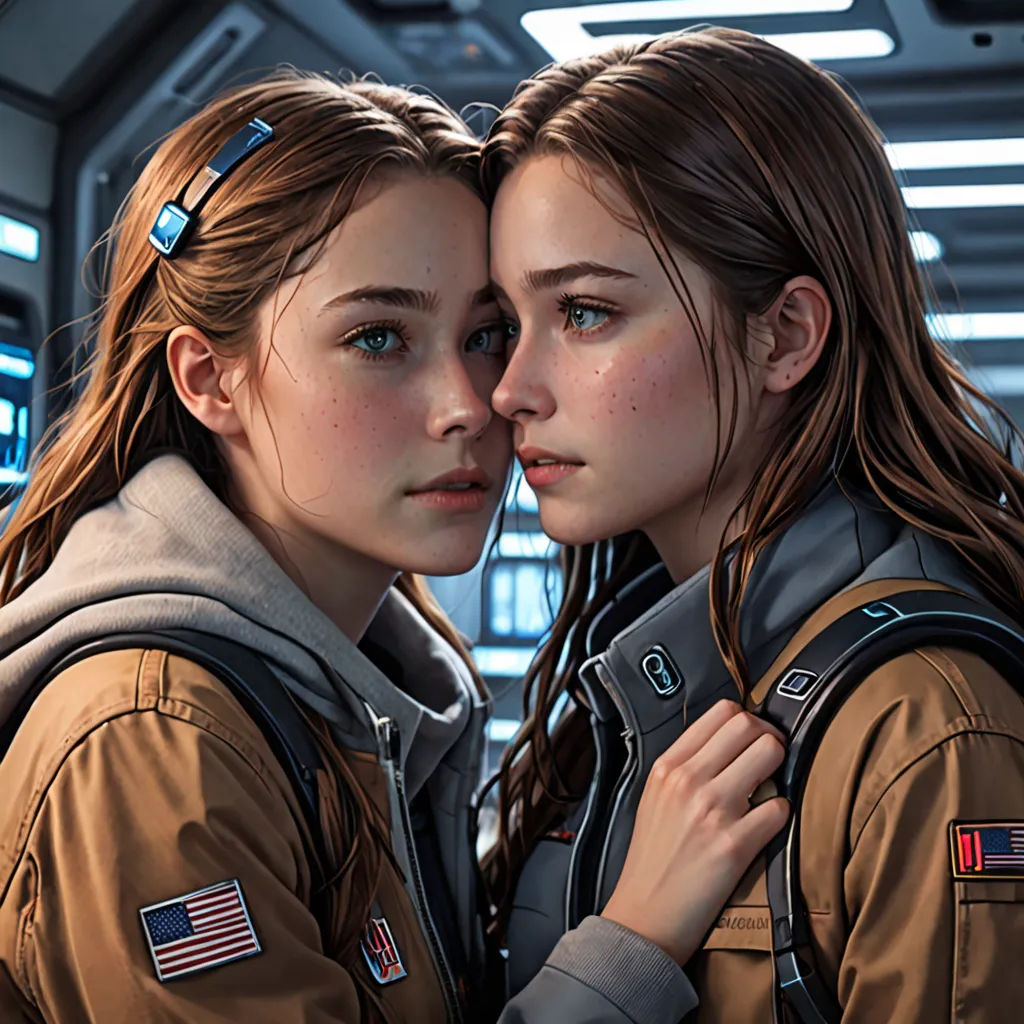 two girls in uniform are hugging each other in a space station setting with lights on the ceiling and a large window, space art, cyberpunk art, Artgerm, stanley artgerm lau