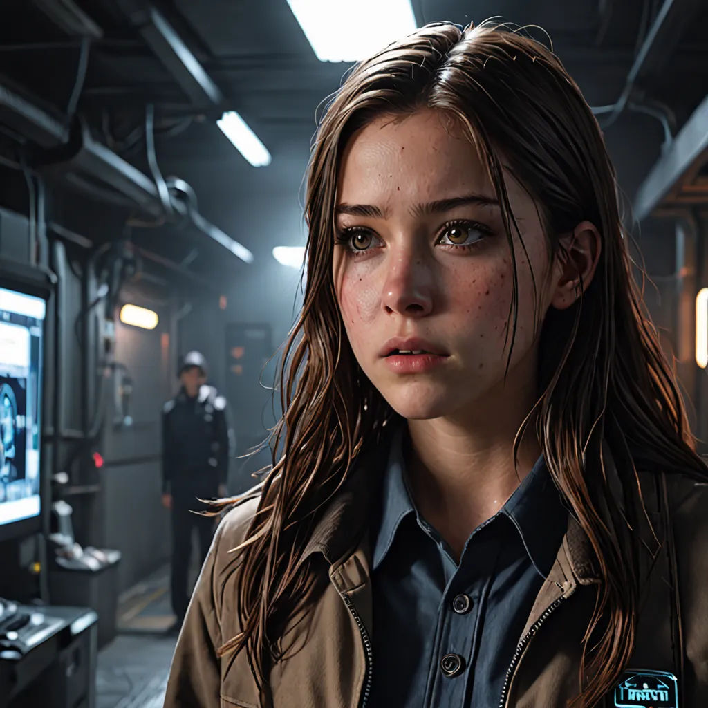 a woman in a brown jacket standing in a room with a tv on the wall and a man in a suit standing behind her, photorealism, a character portrait, Eve Ryder, promotional image