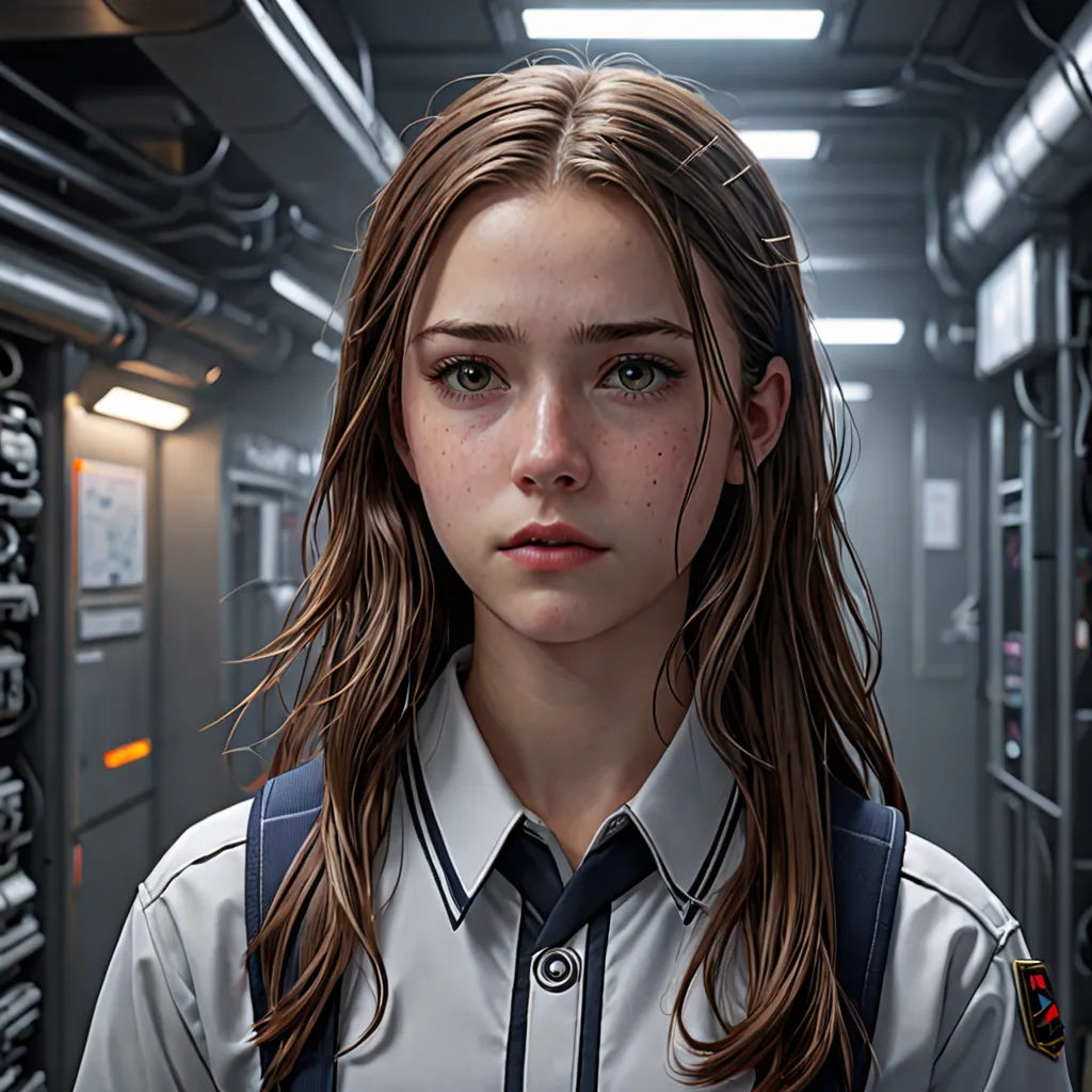 a girl in a school uniform standing in a server room with a lot of wires on the wall behind her, photorealism, a character portrait, Artgerm, ultra realistic digital art
