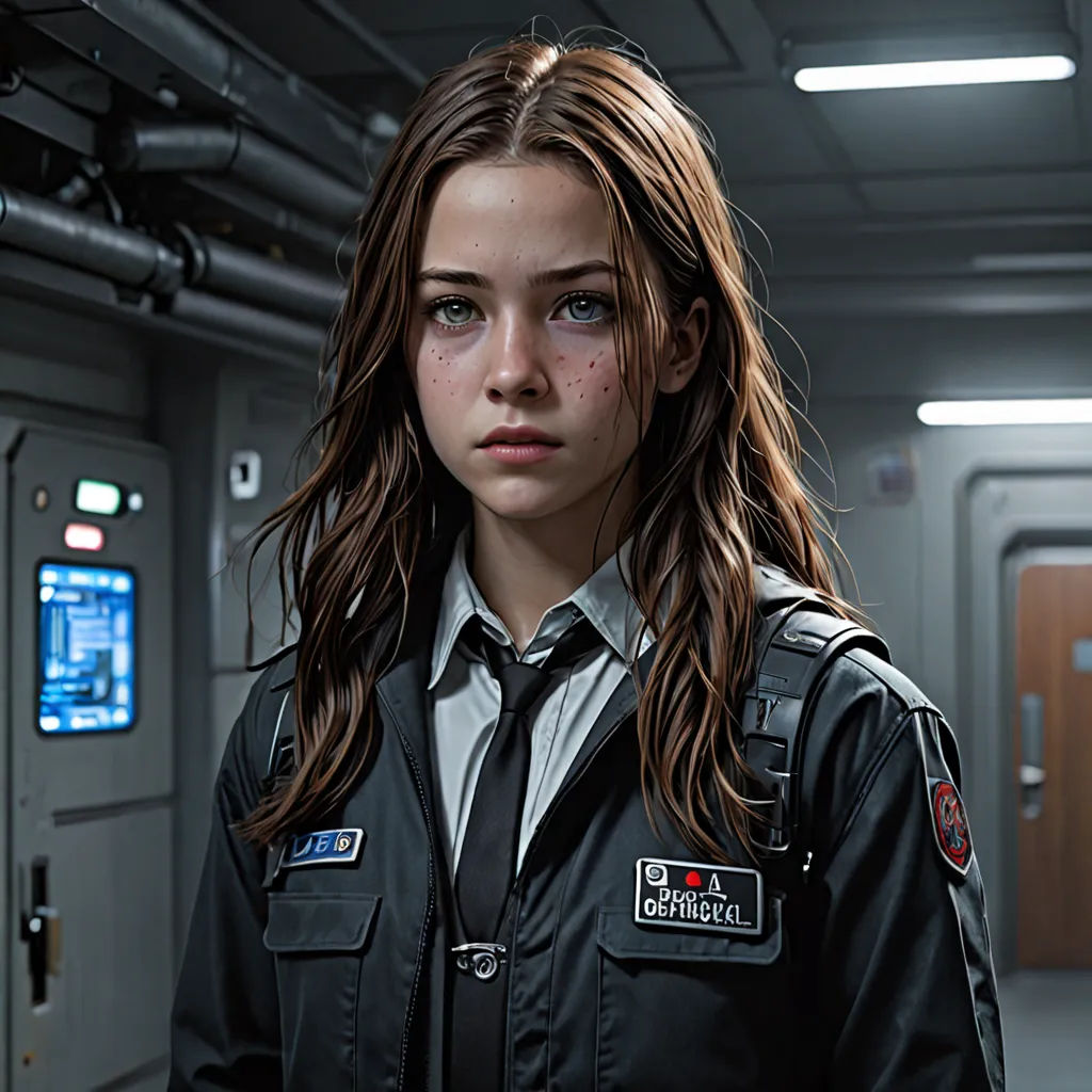 a woman in a uniform standing in a room with a door open and a clock on the wall behind her, photorealism, a character portrait, Aleksi Briclot, ultra realistic digital art