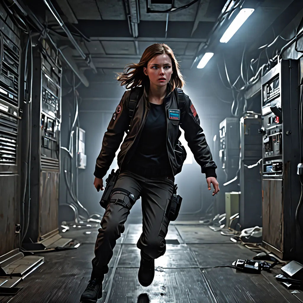 a woman in a space suit running through a room with many electronics on the floor and a light on, photorealism, computer graphics, Aleksi Briclot, promotional image