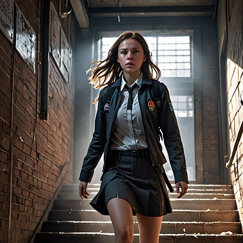 a woman in a skirt and jacket walking down a flight of stairs with a backpack on her back and a backpack on her shoulder, neo-figurative, poster art, Elina Karimova, promotional image