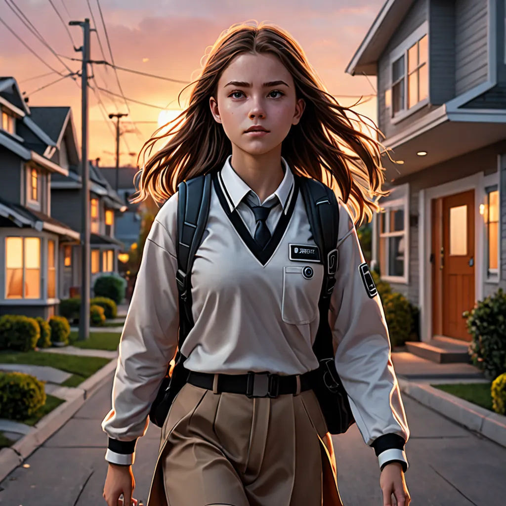 a girl walking down a street with a backpack on her back and a backpack on her shoulder, with a house in the background, photorealism, a character portrait, Beeple, photorealistic lighting