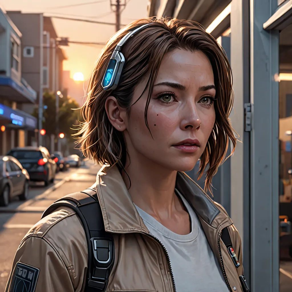 a woman with a cell phone on her head standing on a street corner in front of a storefront, photorealism, a photorealistic painting, Artgerm, stanley artgerm lau