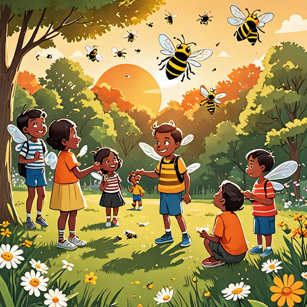 a group of children standing around a tree with bees flying around them and a man holding a beehive, magical realism, a storybook illustration, Colin Middleton, storybook illustration