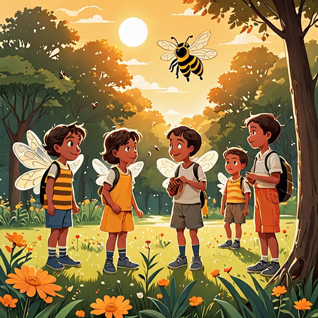 a group of children standing in a field with a bee flying above them and a tree in the background, bengal school of art, a storybook illustration, Aaron Jasinski, storybook illustration