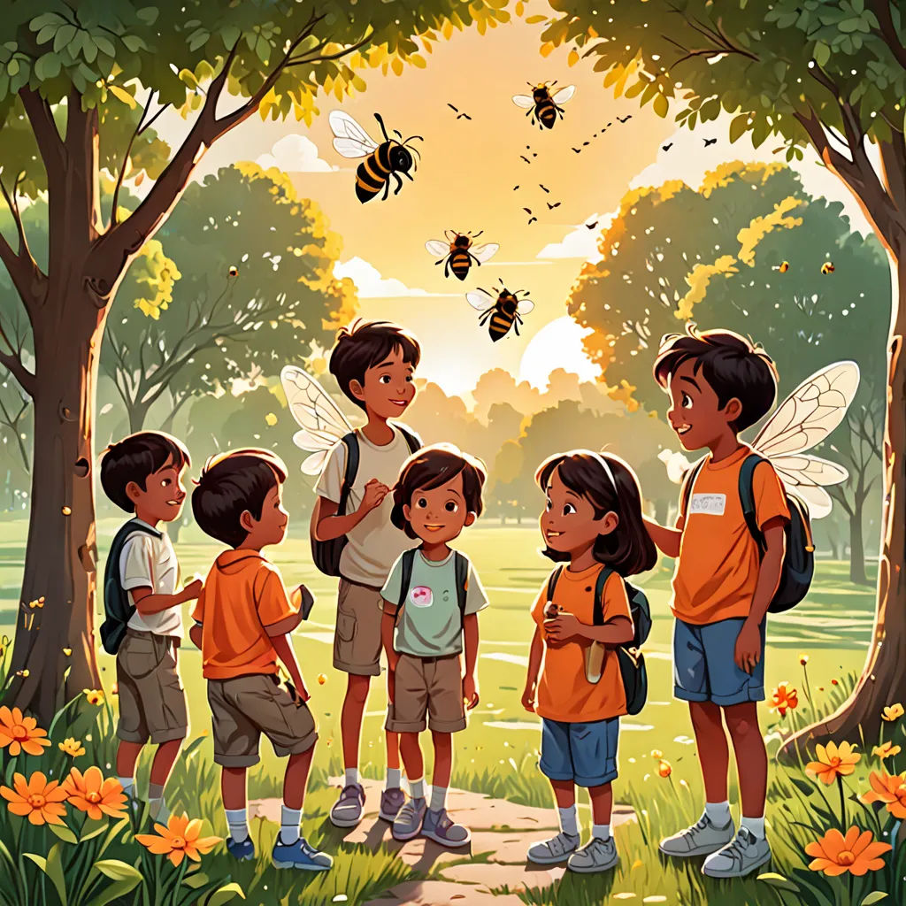 a group of children standing in a forest with bees flying overhead and a man standing in the background with a backpack, bengal school of art, a storybook illustration, Aaron Jasinski, storybook illustration