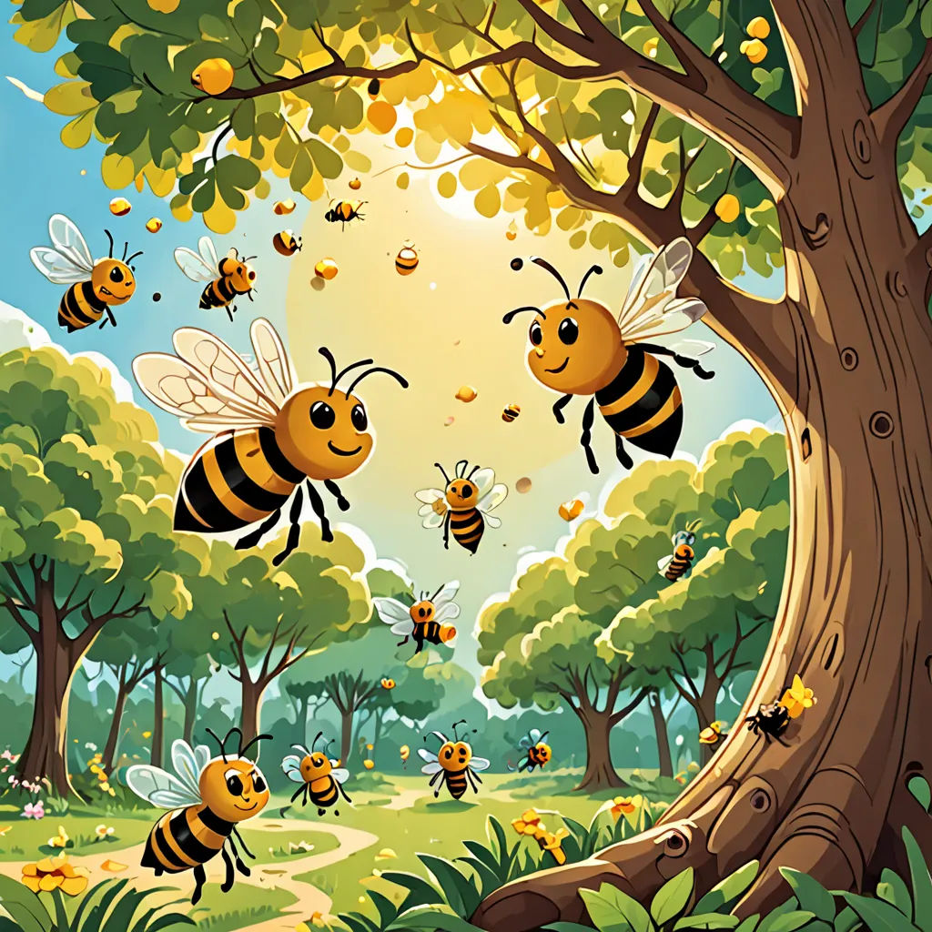 a group of bees flying around a tree in a forest with honeybees flying around it and a sun shining through the trees, environmental art, a storybook illustration, Chris LaBrooy, detailed illustration