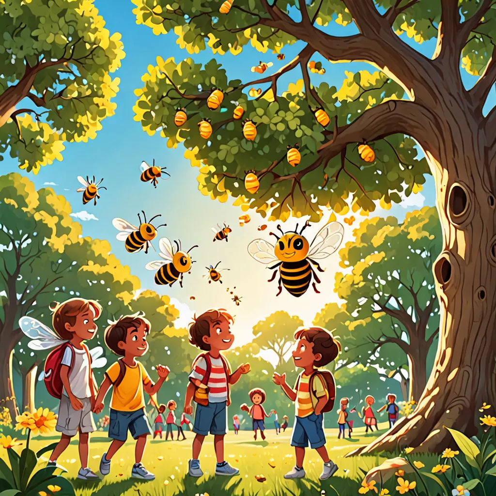 a group of children standing in front of a tree with bees flying around it and a beehive hanging from the tree, danube school, a storybook illustration, Chris LaBrooy, storybook illustration