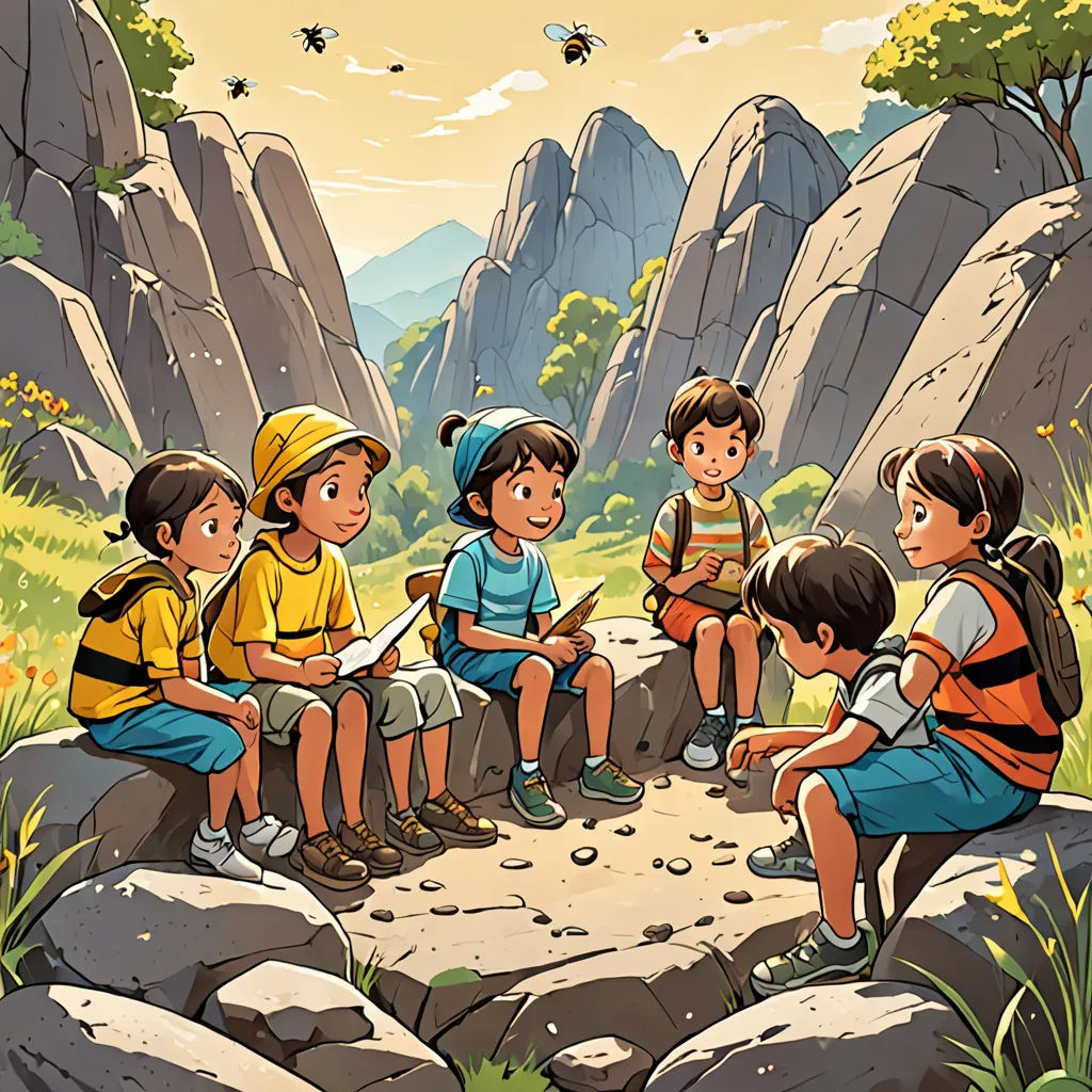 a group of children sitting on a rock in a field with mountains in the background and a bird flying overhead, bengal school of art, a storybook illustration, Diego Gisbert Llorens, storybook illustration
