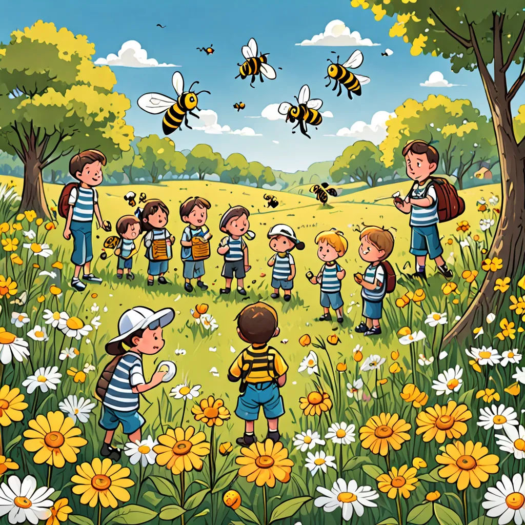 a group of children standing in a field of flowers and bees flying around them and a man in a hat, naive art, a storybook illustration, Diego Gisbert Llorens, storybook illustration