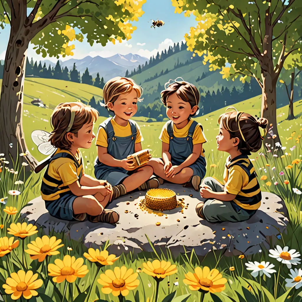 a painting of three children sitting on a rock in a field of flowers and a beehive with a beehive in the background, american scene painting, a storybook illustration, Aaron Jasinski, storybook illustration
