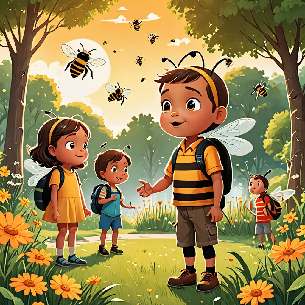 a couple of kids standing next to each other in a field of flowers and bees flying overhead and a man in a yellow shirt, danube school, a storybook illustration, Aaron Jasinski, promotional image