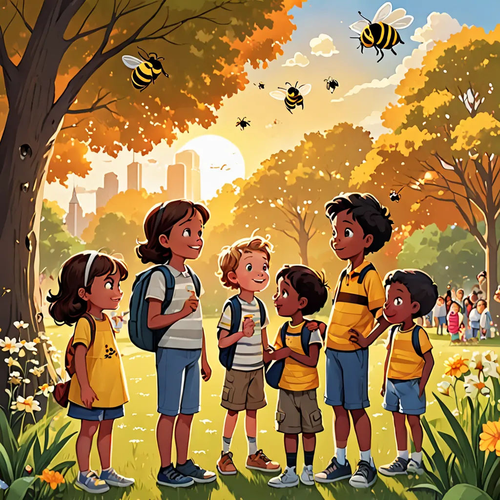 a group of children standing in a park with bees flying overhead and a man standing in the background with a backpack, paris school, a storybook illustration, Aaron Jasinski, official art
